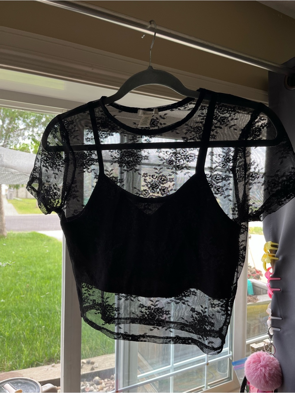 Bozzolo Black Sheer Lace Crop Top with Attached Cami